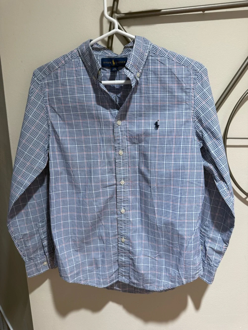 Ralph Lauren Boy’s Blue Plaid Button-Down Shirt Size L 14-15 100% Cotton